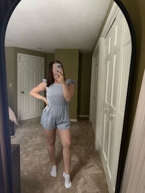 H&M Blue and White Striped Sleeveless Romper with Ruffle Shoulders